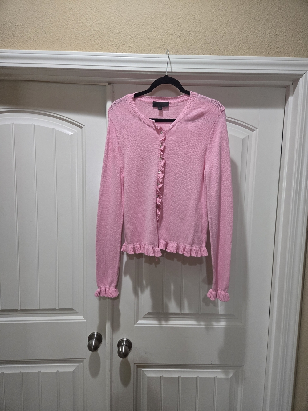 ZARA Classic Pink Ruffle-Trim Women's Cardigan Sweater Size L EUC